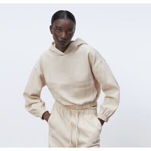 Zara Twill Pocket Cropped Hoodie Womens Medium Cream Pullover Sweatshirt